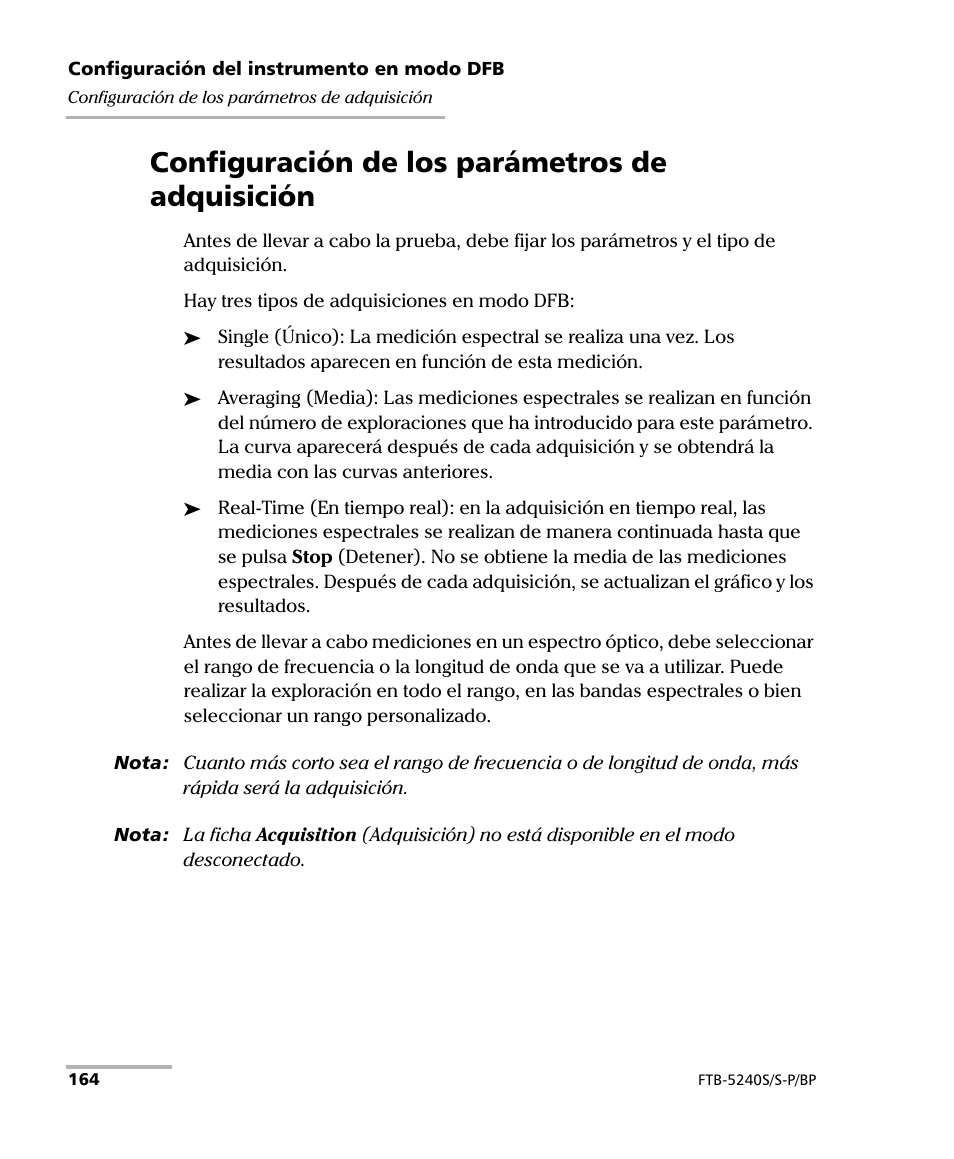 Configuración de los parámetros de adquisición | EXFO FTB-5230S Optical Spectrum Analyzer for FTB 200 v2 User Manual | Page 170 / 659