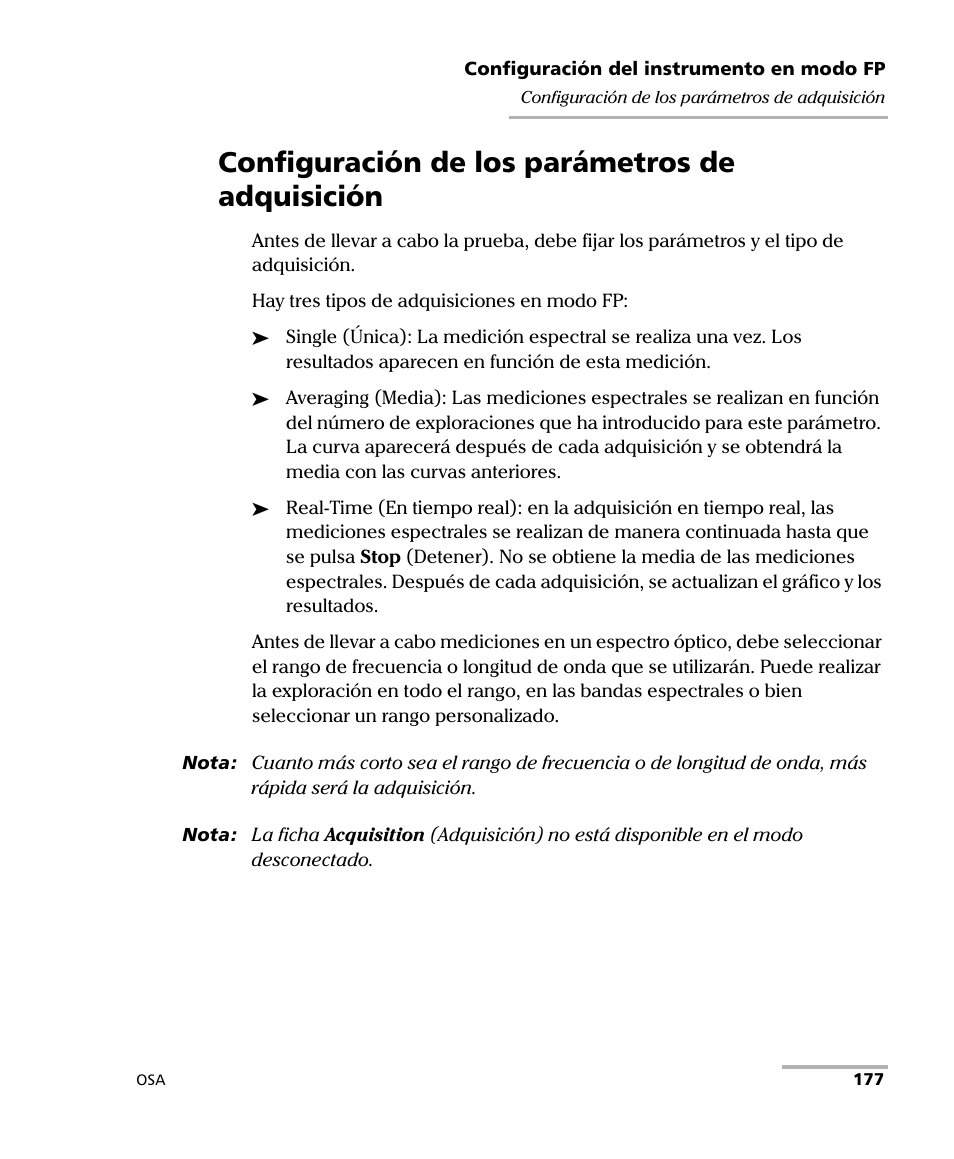 Configuración de los parámetros de adquisición | EXFO FTB-5230S Optical Spectrum Analyzer for FTB 200 v2 User Manual | Page 183 / 659