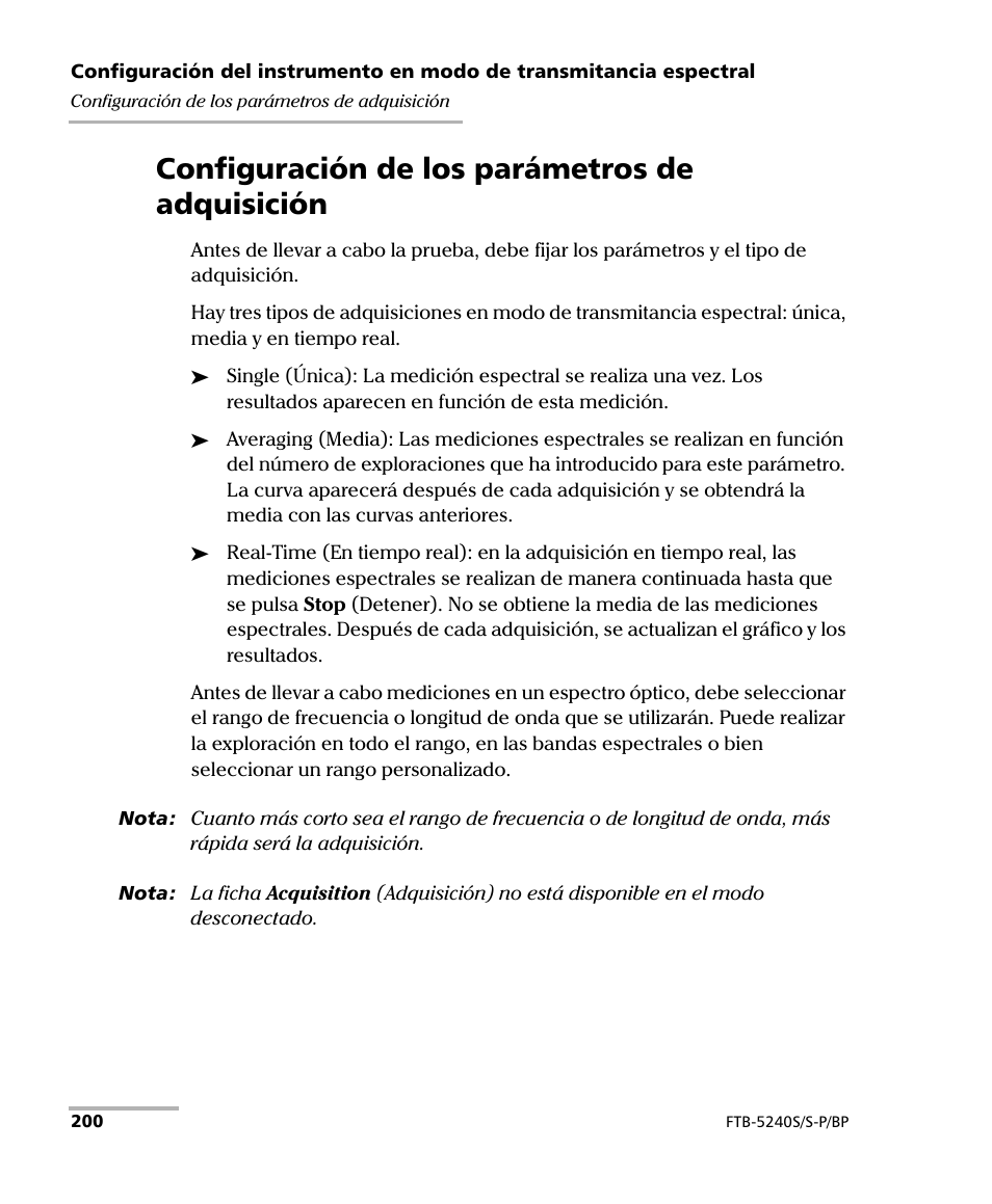 Configuración de los parámetros de adquisición | EXFO FTB-5230S Optical Spectrum Analyzer for FTB 200 v2 User Manual | Page 206 / 659