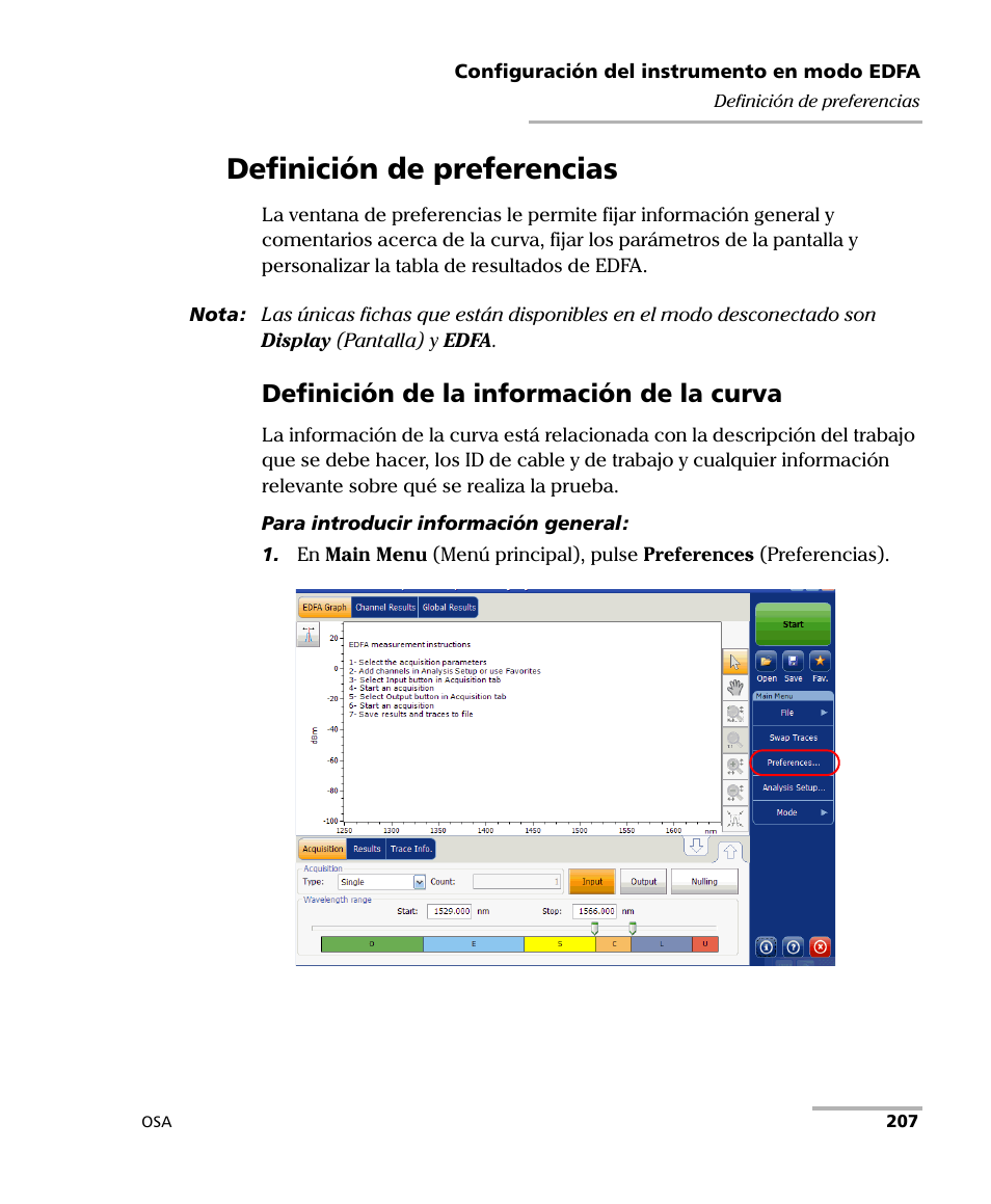 Definición de preferencias, Definición de la información de la curva | EXFO FTB-5230S Optical Spectrum Analyzer for FTB 200 v2 User Manual | Page 213 / 659