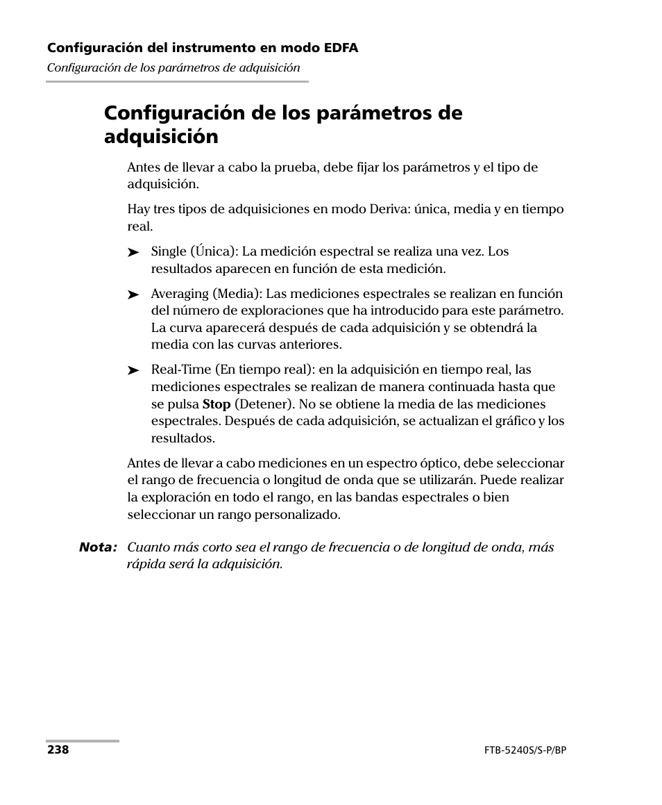 Configuración de los parámetros de adquisición | EXFO FTB-5230S Optical Spectrum Analyzer for FTB 200 v2 User Manual | Page 244 / 659