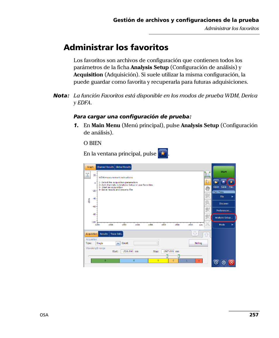 Administrar los favoritos | EXFO FTB-5230S Optical Spectrum Analyzer for FTB 200 v2 User Manual | Page 263 / 659
