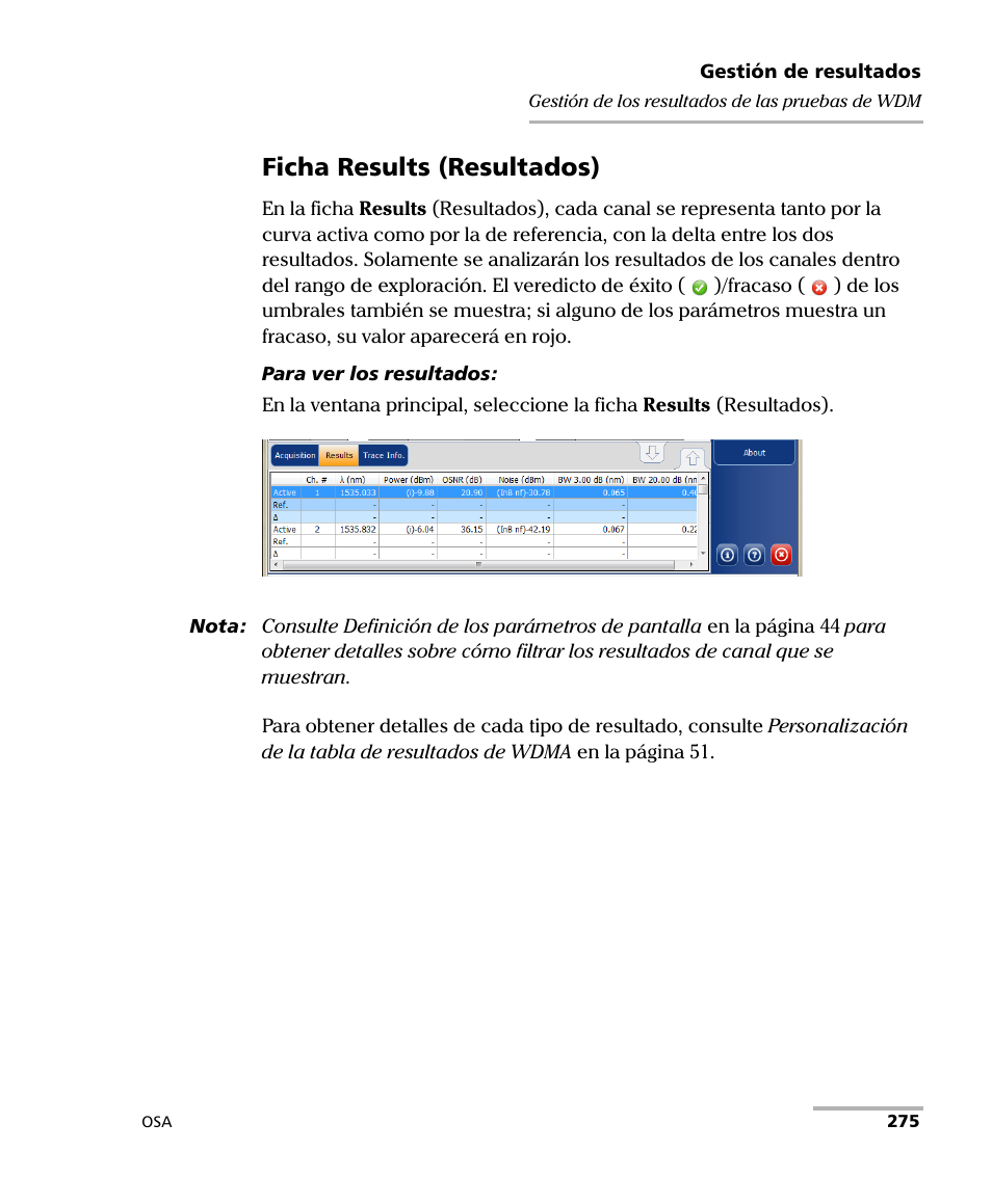 Ficha results (resultados) | EXFO FTB-5230S Optical Spectrum Analyzer for FTB 200 v2 User Manual | Page 281 / 659
