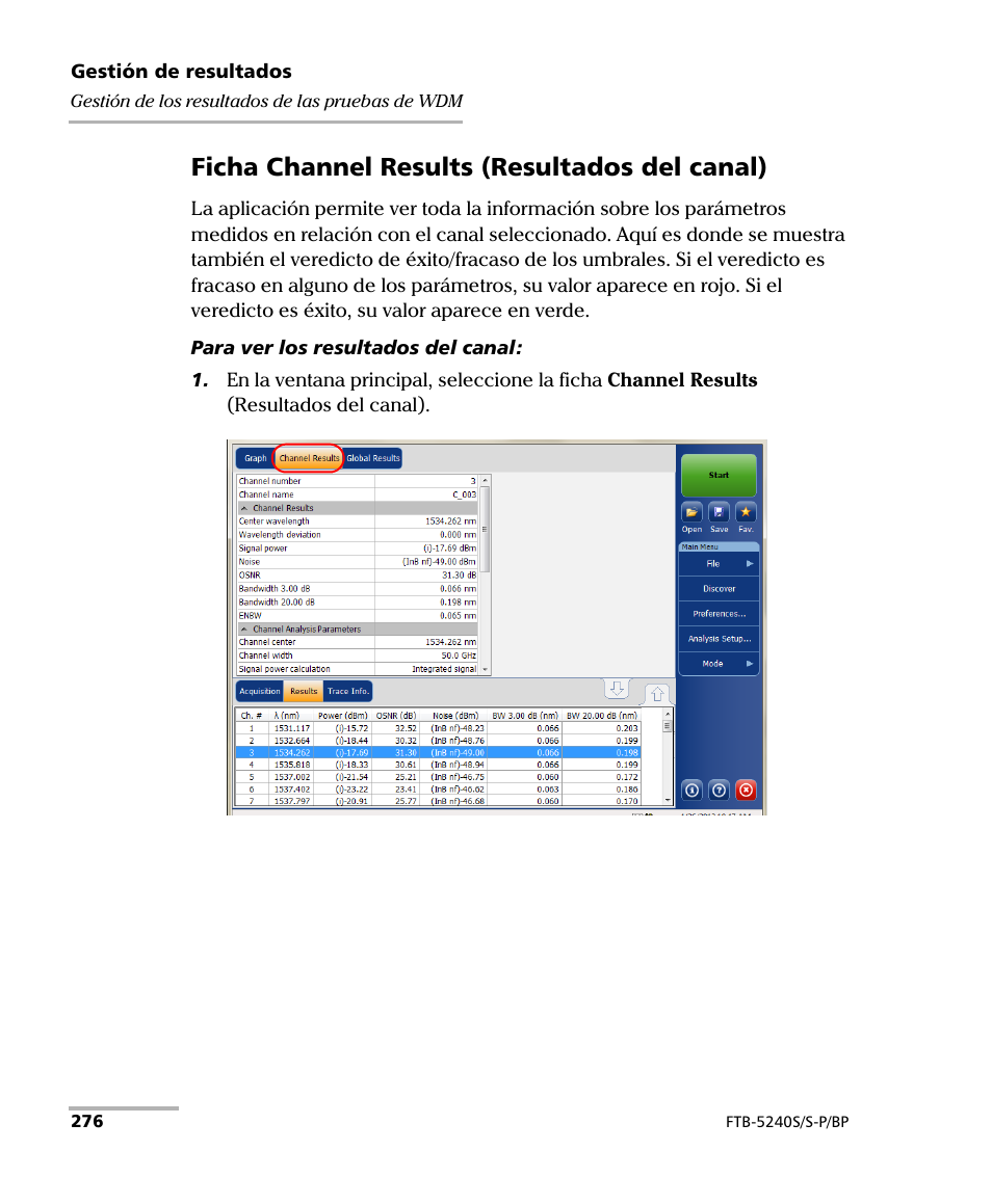 Ficha channel results (resultados del canal) | EXFO FTB-5230S Optical Spectrum Analyzer for FTB 200 v2 User Manual | Page 282 / 659