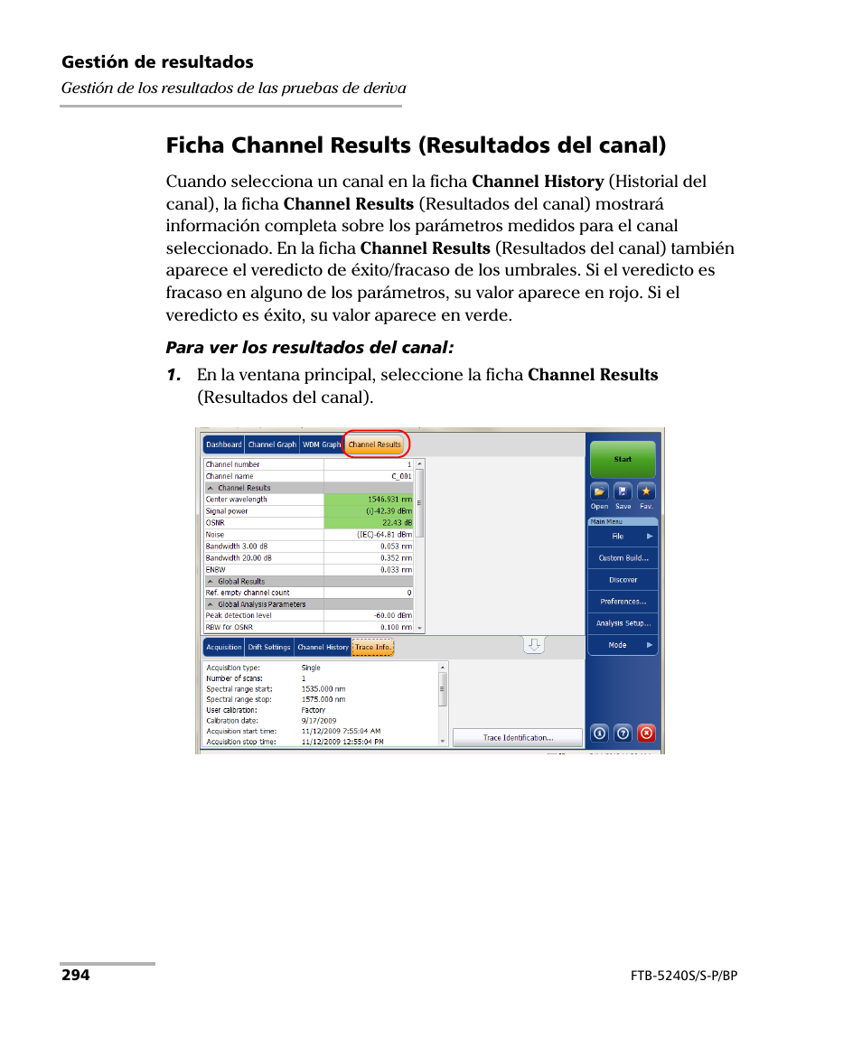 Ficha channel results (resultados del canal) | EXFO FTB-5230S Optical Spectrum Analyzer for FTB 200 v2 User Manual | Page 300 / 659
