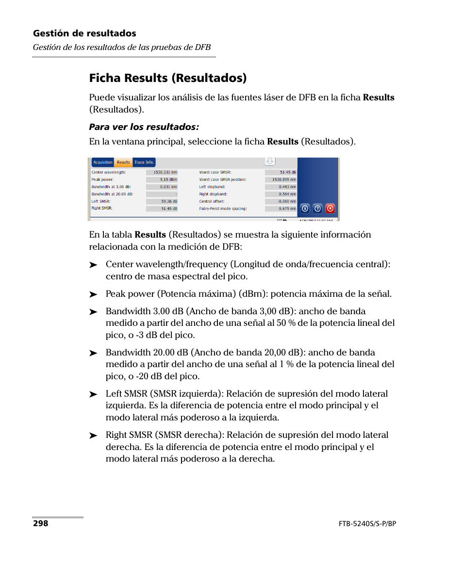 Ficha results (resultados) | EXFO FTB-5230S Optical Spectrum Analyzer for FTB 200 v2 User Manual | Page 304 / 659