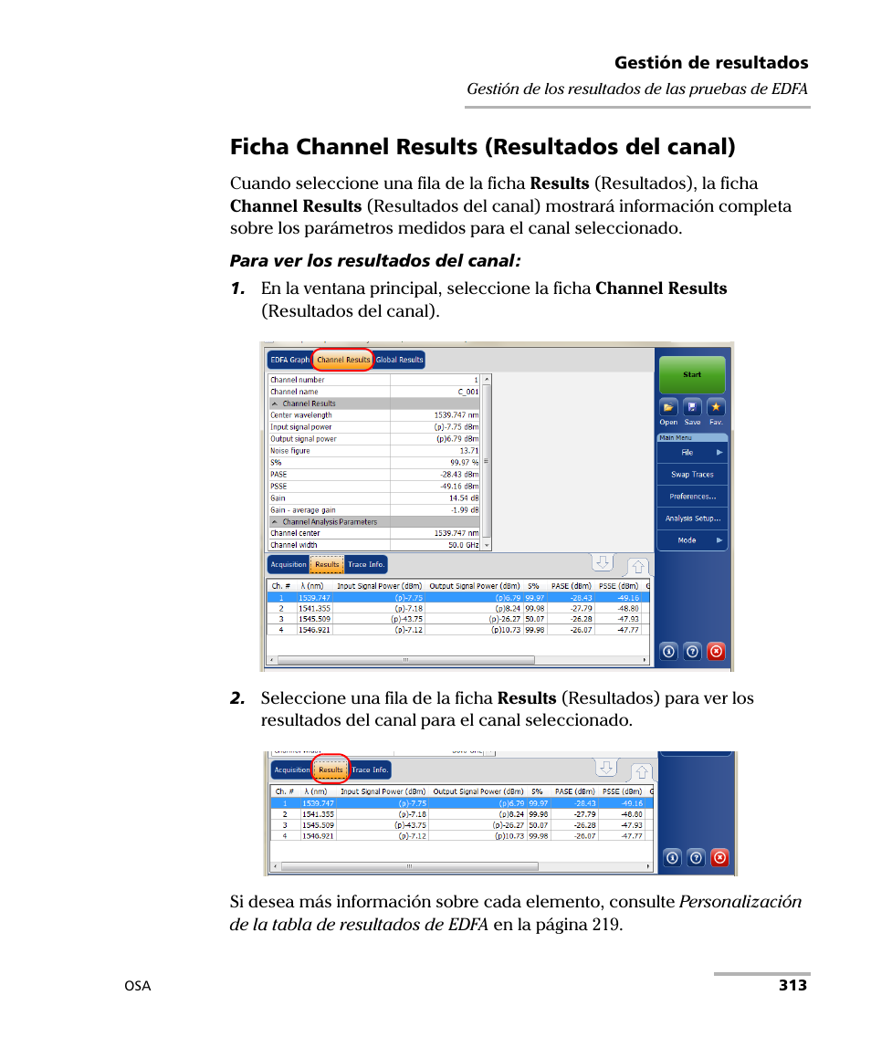 Ficha channel results (resultados del canal) | EXFO FTB-5230S Optical Spectrum Analyzer for FTB 200 v2 User Manual | Page 319 / 659