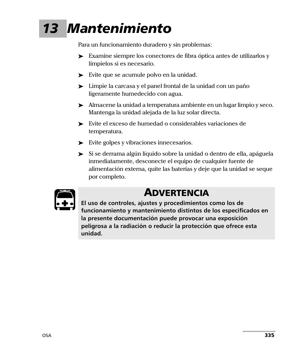 13 mantenimiento, Dvertencia | EXFO FTB-5230S Optical Spectrum Analyzer for FTB 200 v2 User Manual | Page 341 / 659