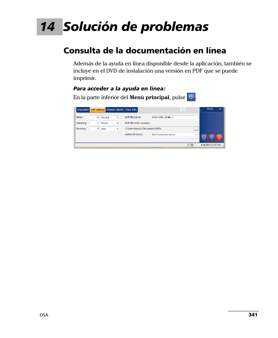 14 solución de problemas, Consulta de la documentación en línea | EXFO FTB-5230S Optical Spectrum Analyzer for FTB 200 v2 User Manual | Page 347 / 659