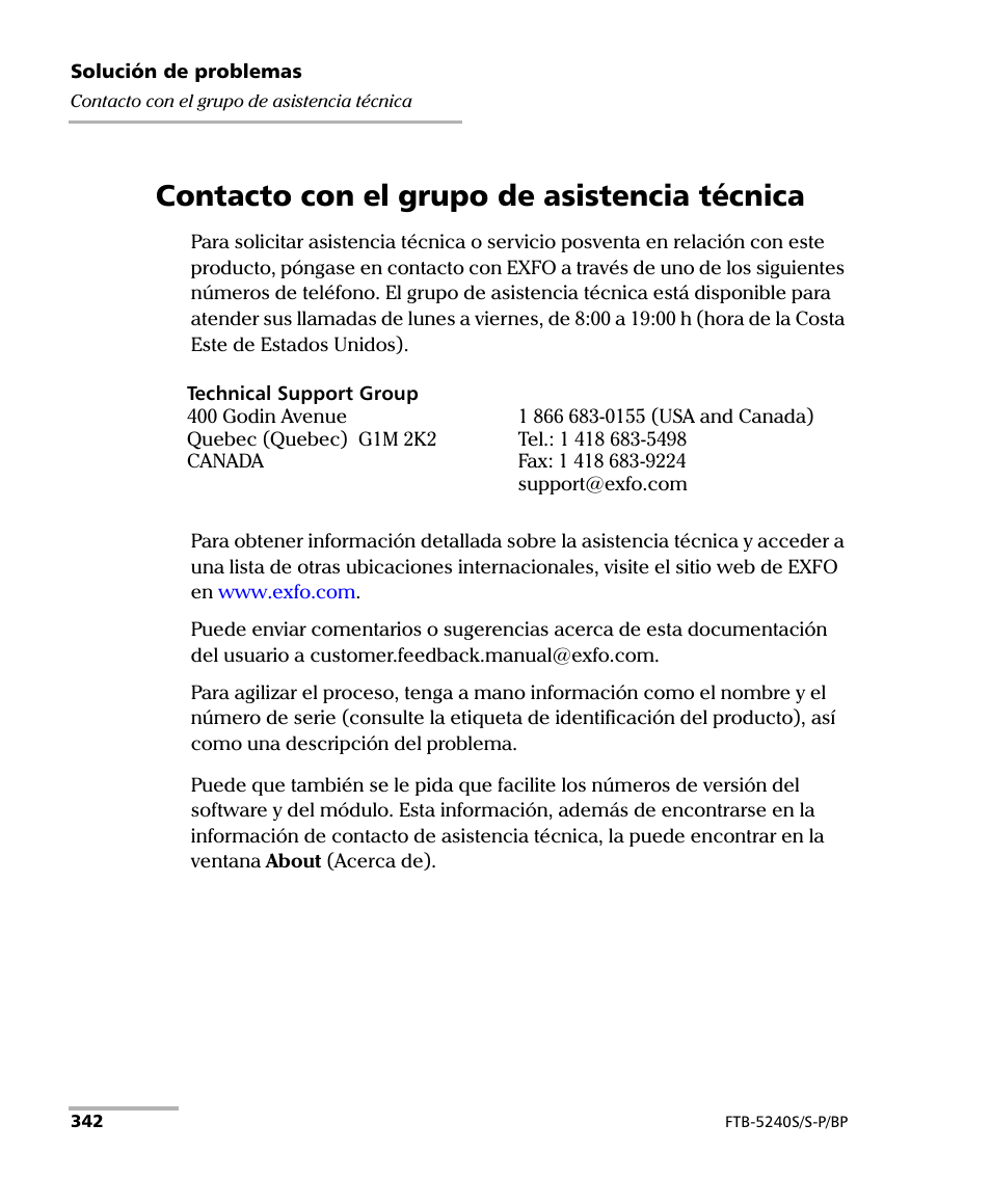 Contacto con el grupo de asistencia técnica | EXFO FTB-5230S Optical Spectrum Analyzer for FTB 200 v2 User Manual | Page 348 / 659