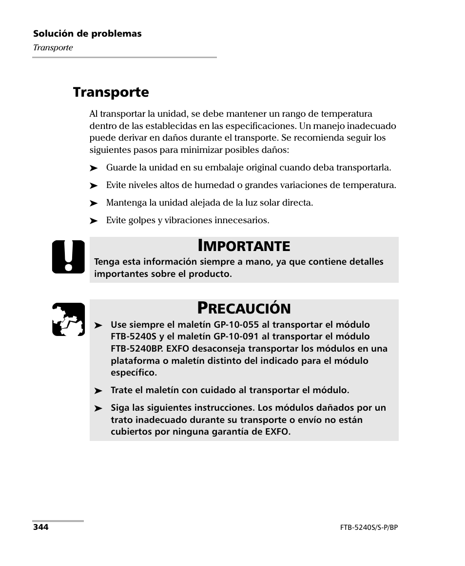 Transporte, Mportante, Recaución | EXFO FTB-5230S Optical Spectrum Analyzer for FTB 200 v2 User Manual | Page 350 / 659