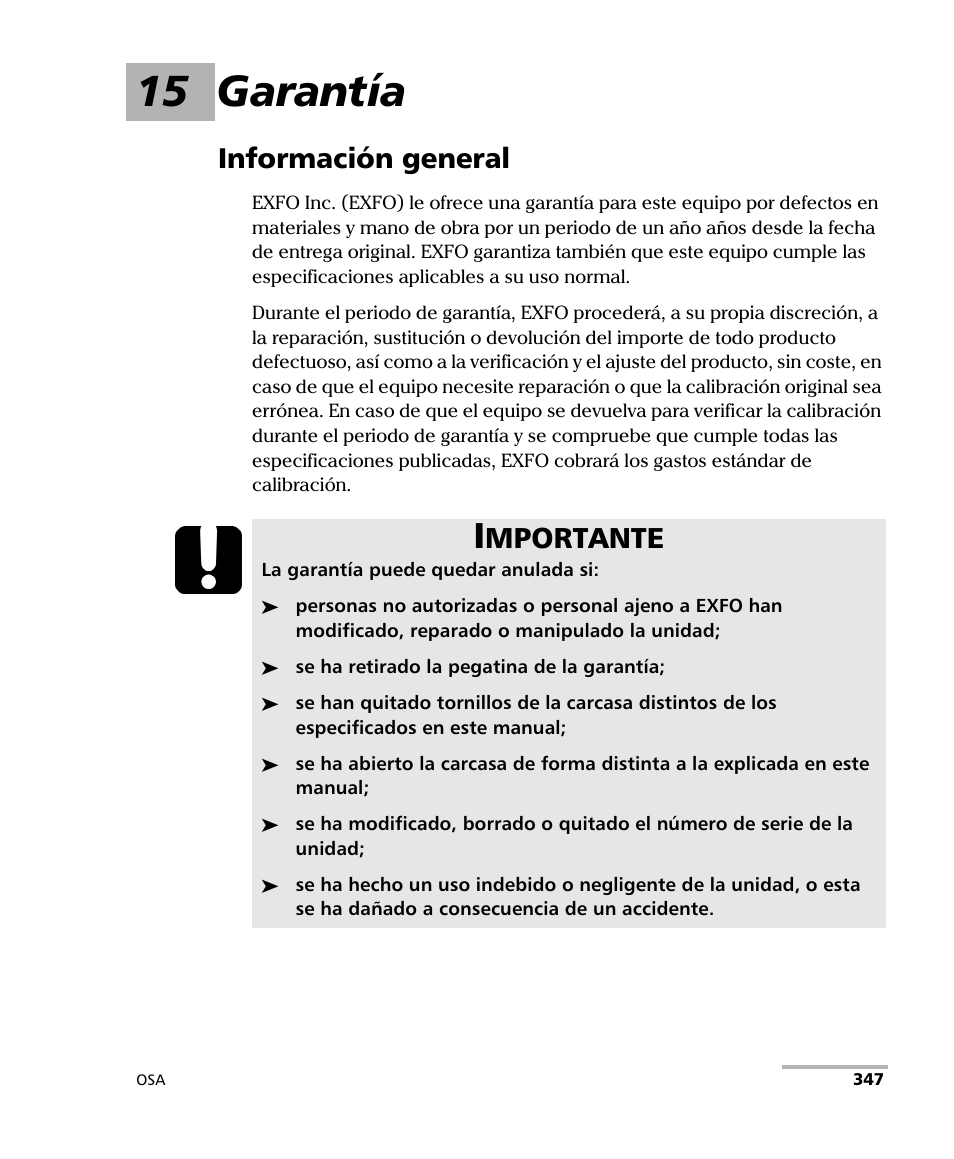 15 garantía, Información general, Mportante | EXFO FTB-5230S Optical Spectrum Analyzer for FTB 200 v2 User Manual | Page 353 / 659