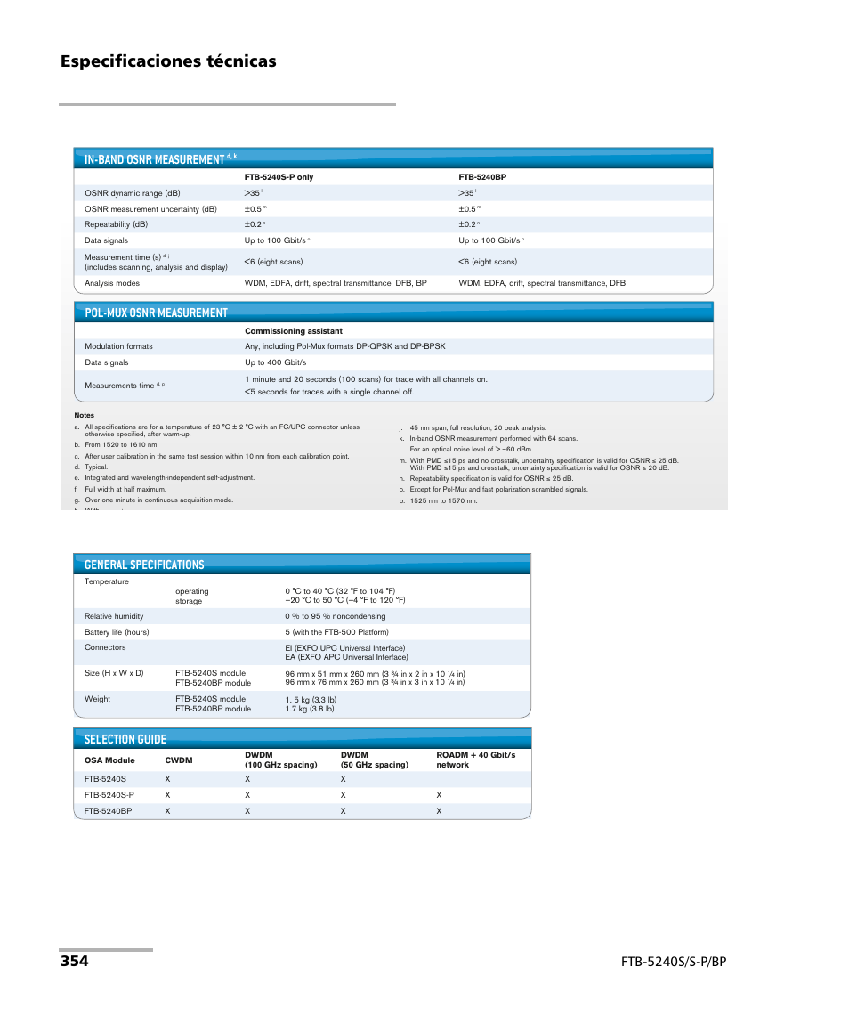 Especificaciones técnicas, Ftb-5240s/s-p/bp in-band osnr measurement, Pol-mux osnr measurement | General specifications, Selection guide | EXFO FTB-5230S Optical Spectrum Analyzer for FTB 200 v2 User Manual | Page 360 / 659