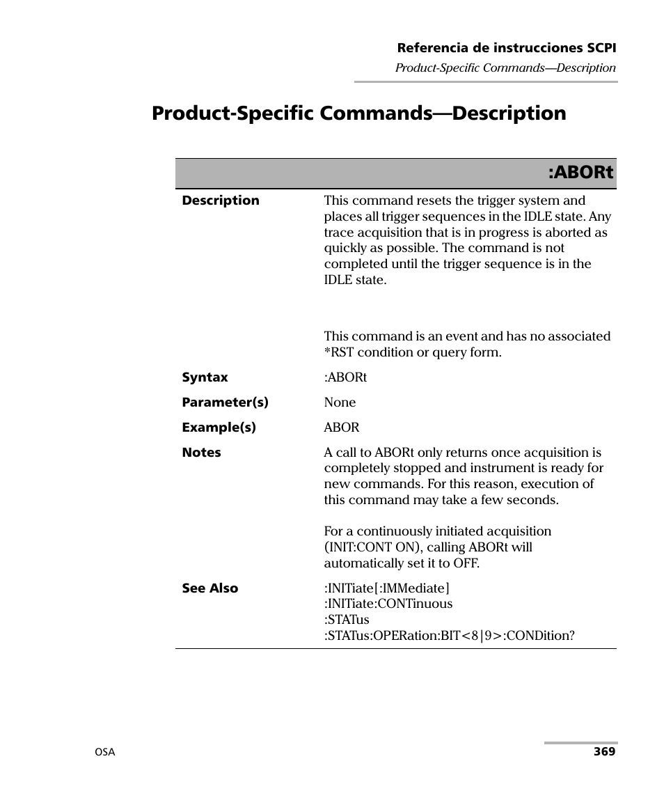 Product-specific commands—description, Abort | EXFO FTB-5230S Optical Spectrum Analyzer for FTB 200 v2 User Manual | Page 375 / 659
