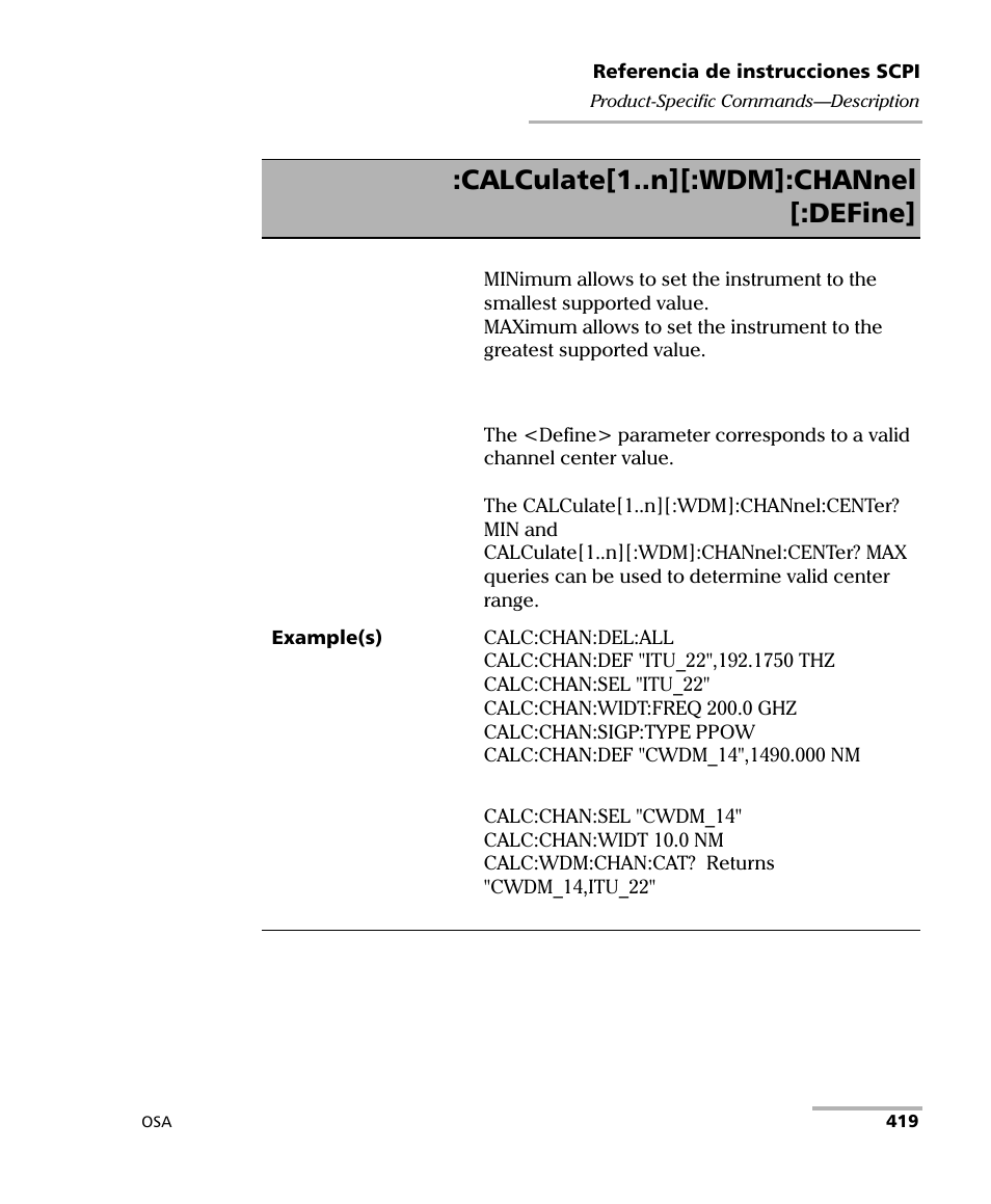 Calculate[1..n][:wdm]:channel [:define | EXFO FTB-5230S Optical Spectrum Analyzer for FTB 200 v2 User Manual | Page 425 / 659