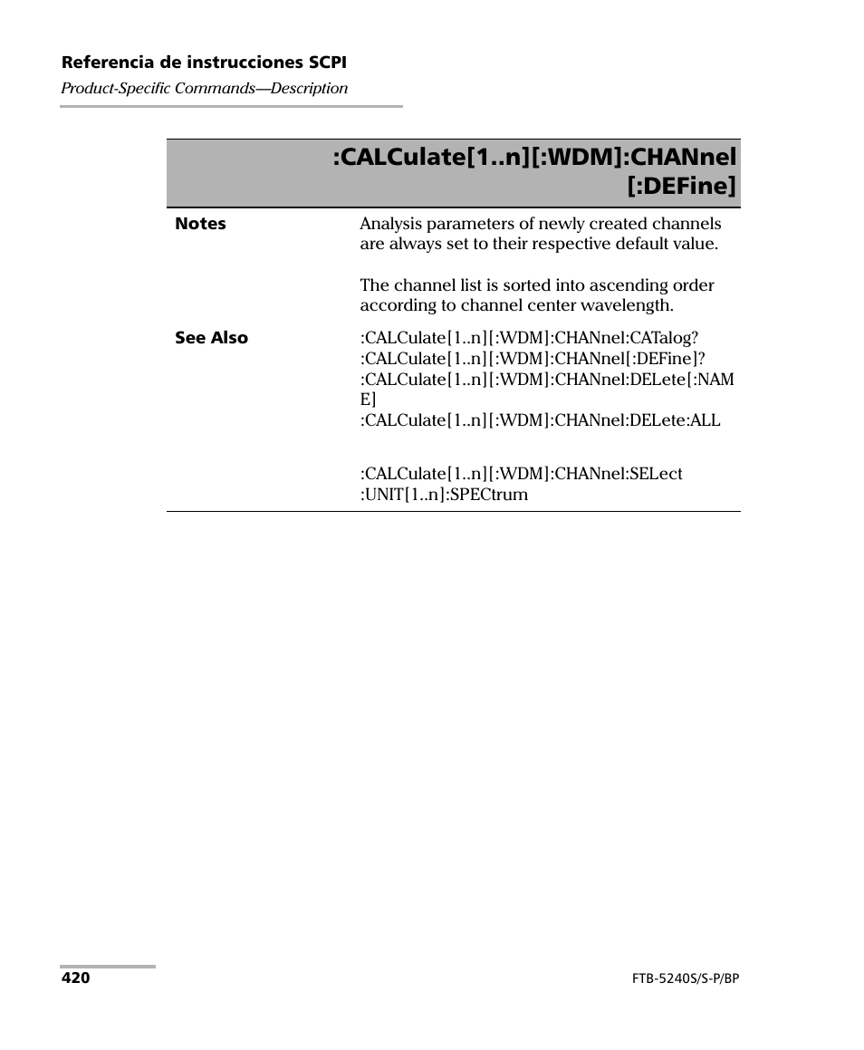 Calculate[1..n][:wdm]:channel [:define | EXFO FTB-5230S Optical Spectrum Analyzer for FTB 200 v2 User Manual | Page 426 / 659