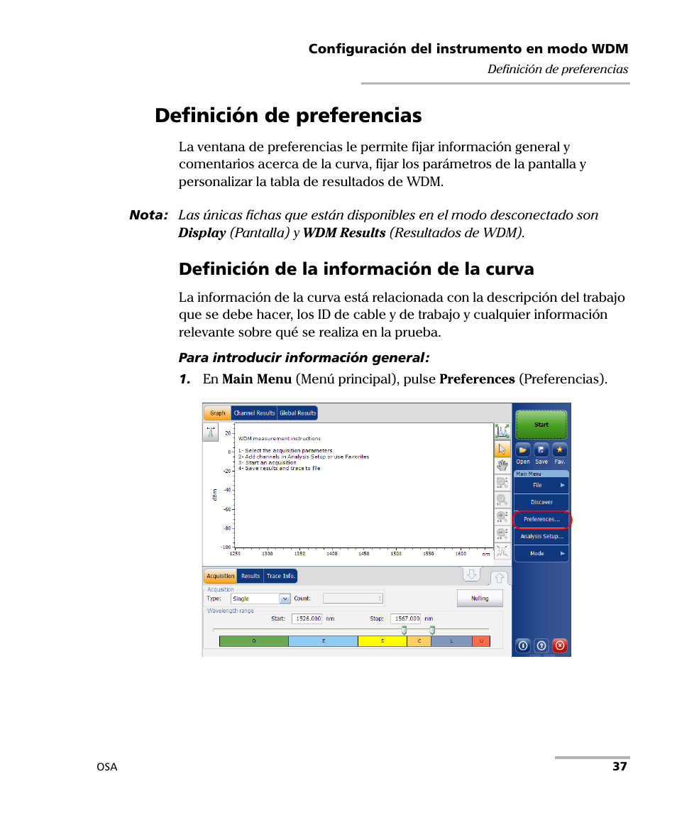 Definición de preferencias, Definición de la información de la curva | EXFO FTB-5230S Optical Spectrum Analyzer for FTB 200 v2 User Manual | Page 43 / 659