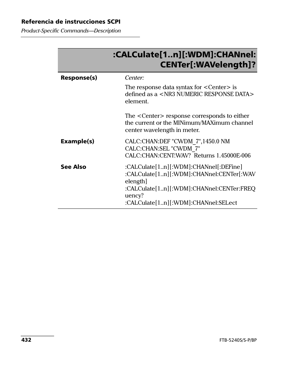Calculate[1..n][:wdm]:channel: center[:wavelength | EXFO FTB-5230S Optical Spectrum Analyzer for FTB 200 v2 User Manual | Page 438 / 659