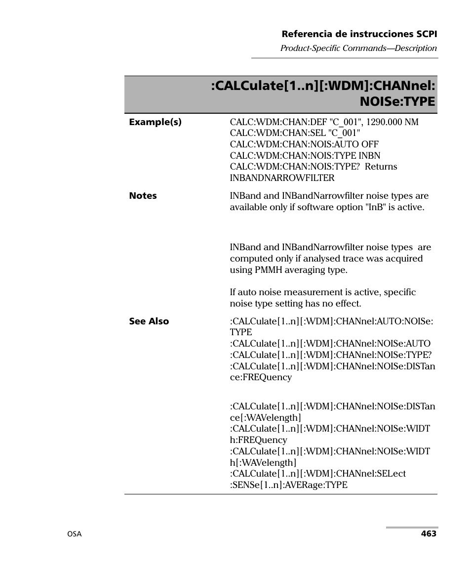 Calculate[1..n][:wdm]:channel: noise:type | EXFO FTB-5230S Optical Spectrum Analyzer for FTB 200 v2 User Manual | Page 469 / 659