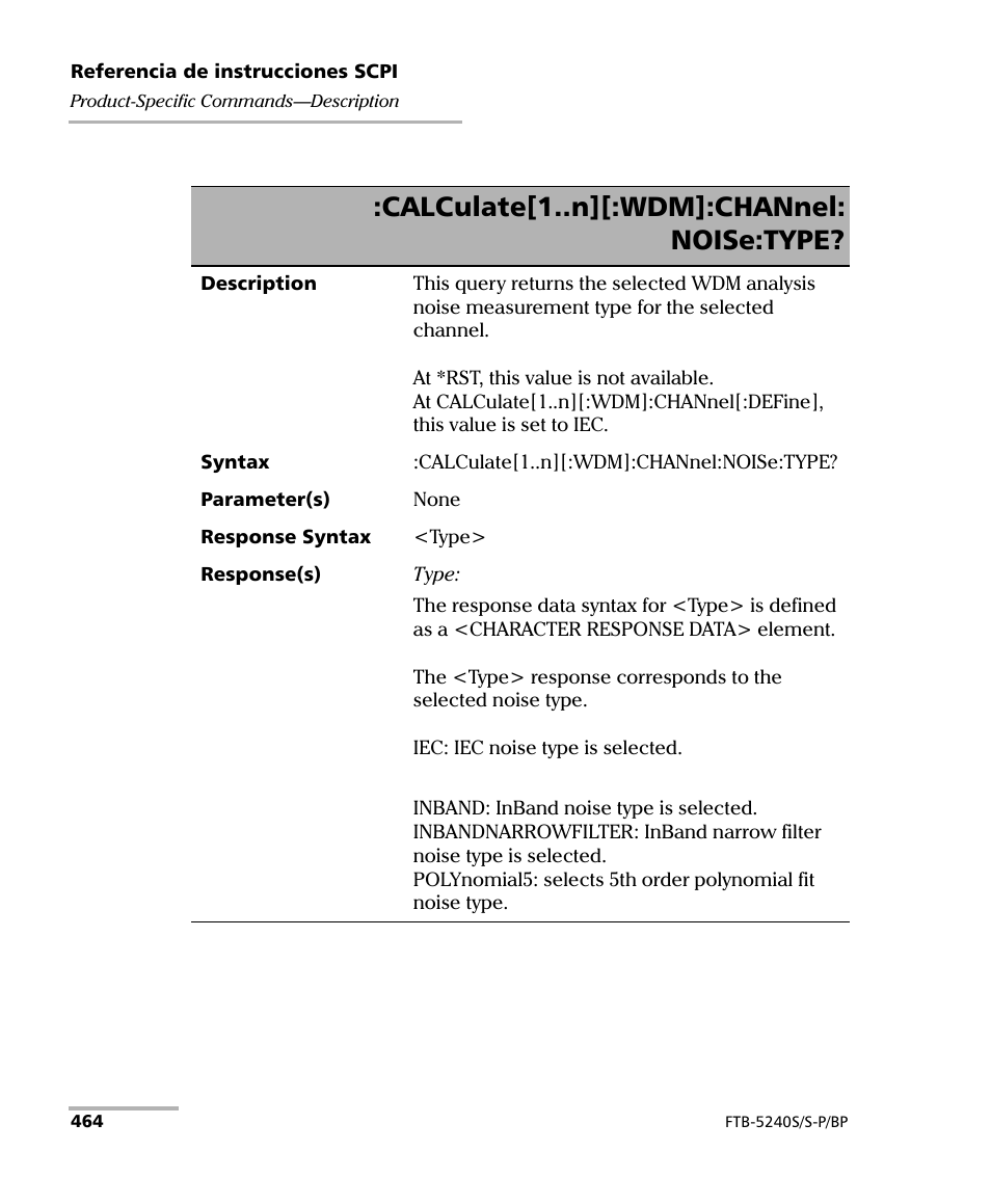 Calculate[1..n][:wdm]:channel: noise:type | EXFO FTB-5230S Optical Spectrum Analyzer for FTB 200 v2 User Manual | Page 470 / 659