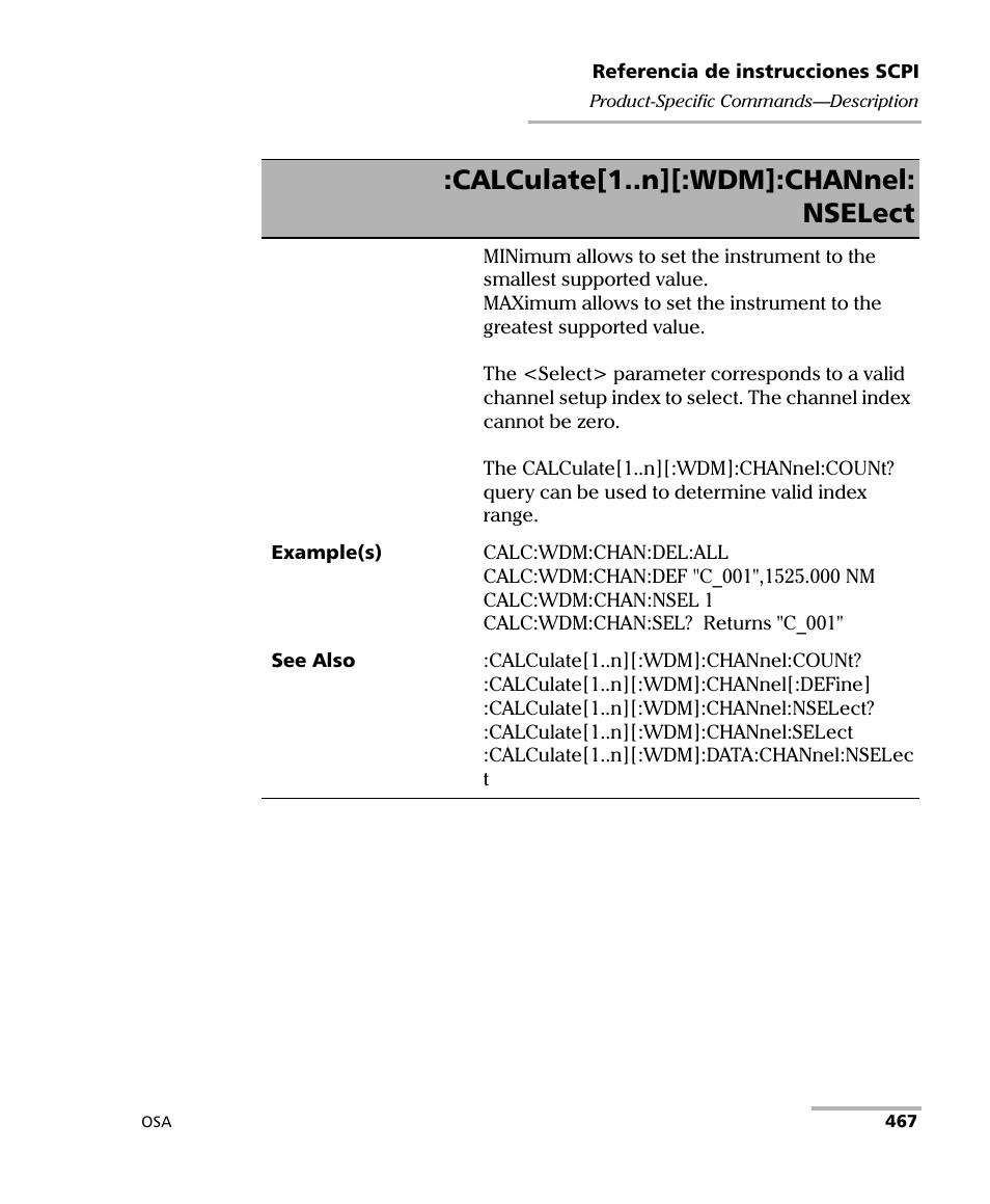 Calculate[1..n][:wdm]:channel: nselect | EXFO FTB-5230S Optical Spectrum Analyzer for FTB 200 v2 User Manual | Page 473 / 659