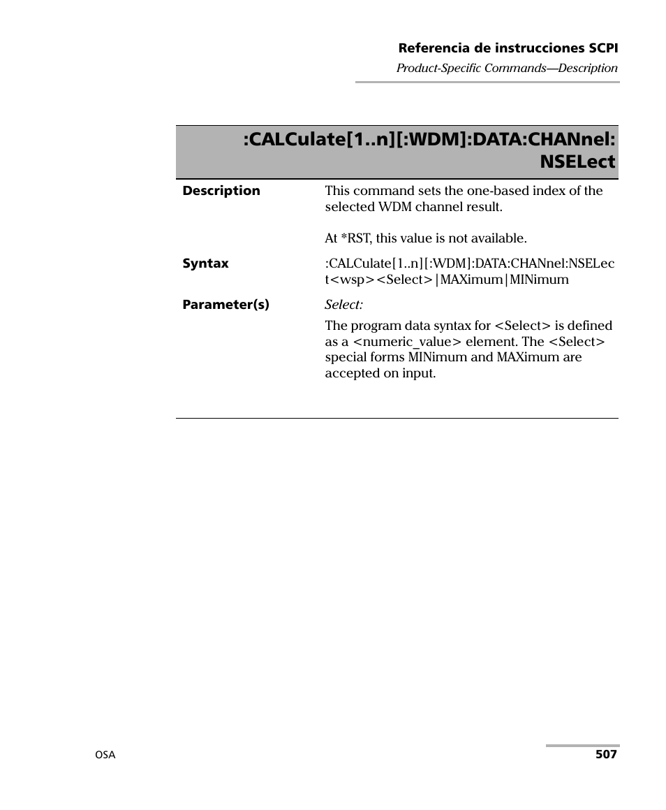 Calculate[1..n][:wdm]:data:channel: nselect | EXFO FTB-5230S Optical Spectrum Analyzer for FTB 200 v2 User Manual | Page 513 / 659