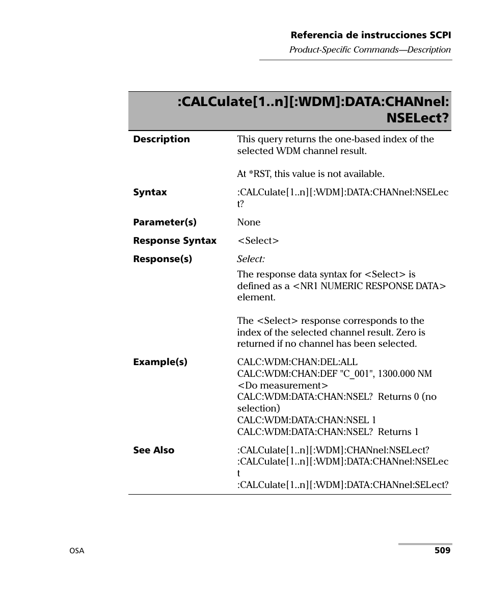 Calculate[1..n][:wdm]:data:channel: nselect | EXFO FTB-5230S Optical Spectrum Analyzer for FTB 200 v2 User Manual | Page 515 / 659