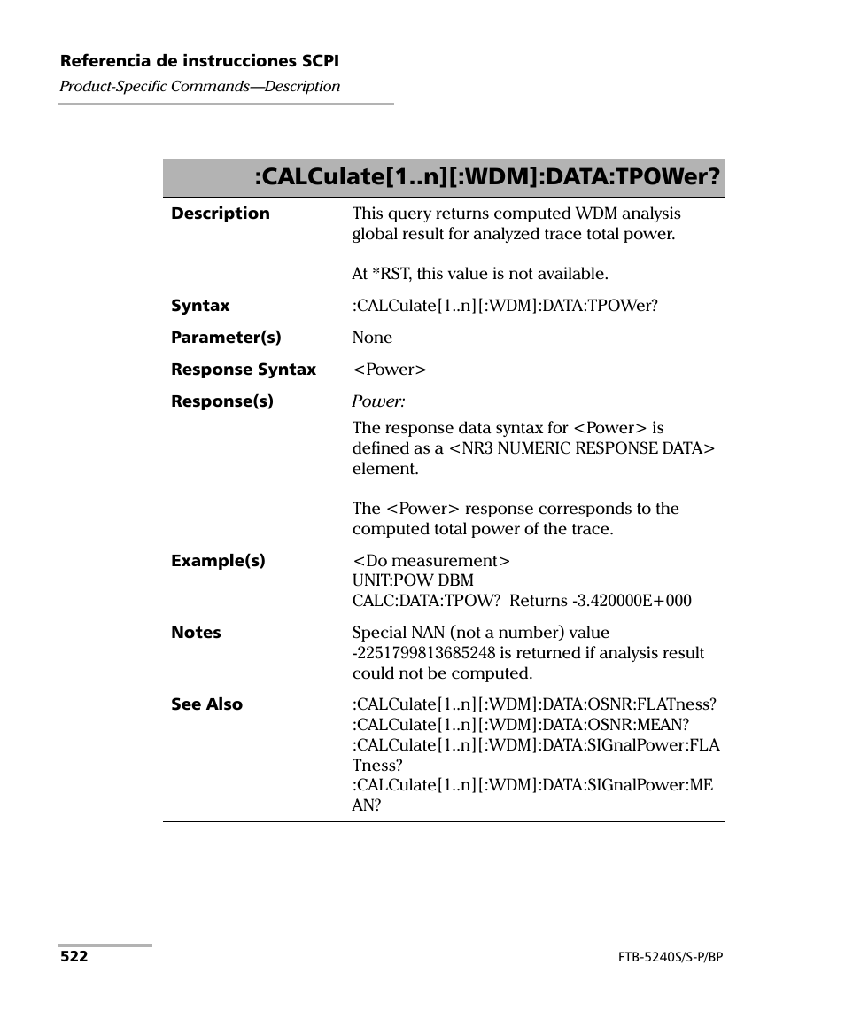 Calculate[1..n][:wdm]:data:tpower | EXFO FTB-5230S Optical Spectrum Analyzer for FTB 200 v2 User Manual | Page 528 / 659