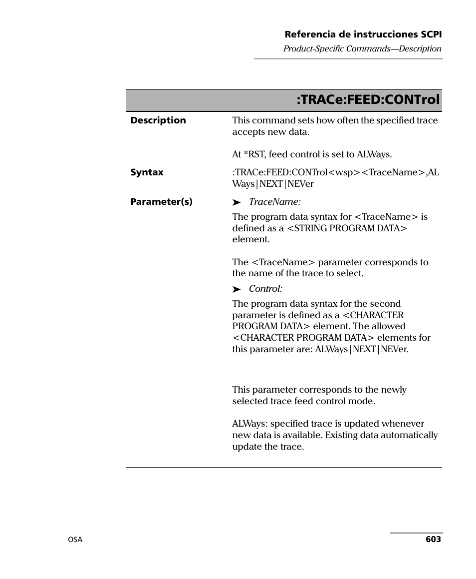 Trace:feed:control | EXFO FTB-5230S Optical Spectrum Analyzer for FTB 200 v2 User Manual | Page 609 / 659