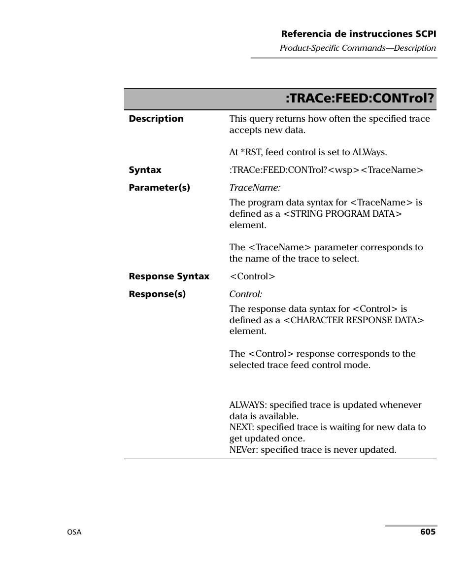 Trace:feed:control | EXFO FTB-5230S Optical Spectrum Analyzer for FTB 200 v2 User Manual | Page 611 / 659