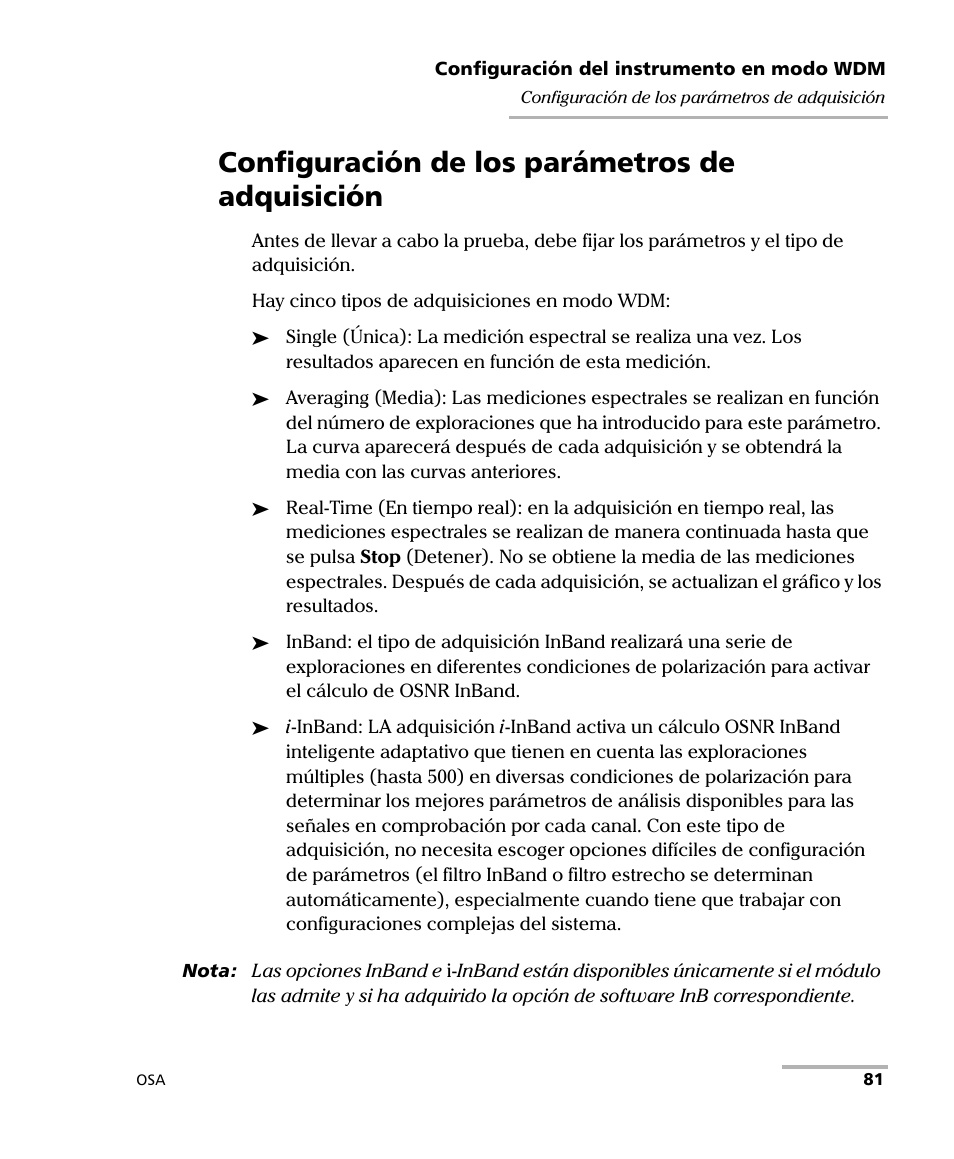 Configuración de los parámetros de adquisición | EXFO FTB-5230S Optical Spectrum Analyzer for FTB 200 v2 User Manual | Page 87 / 659