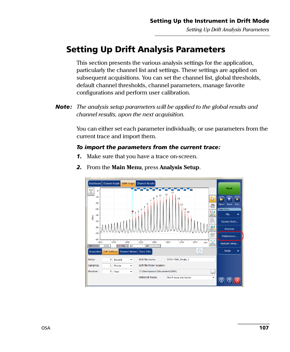 Setting up drift analysis parameters | EXFO FTB -5240S/5240BP Optical Spectrum Analyzer User Manual | Page 113 / 638