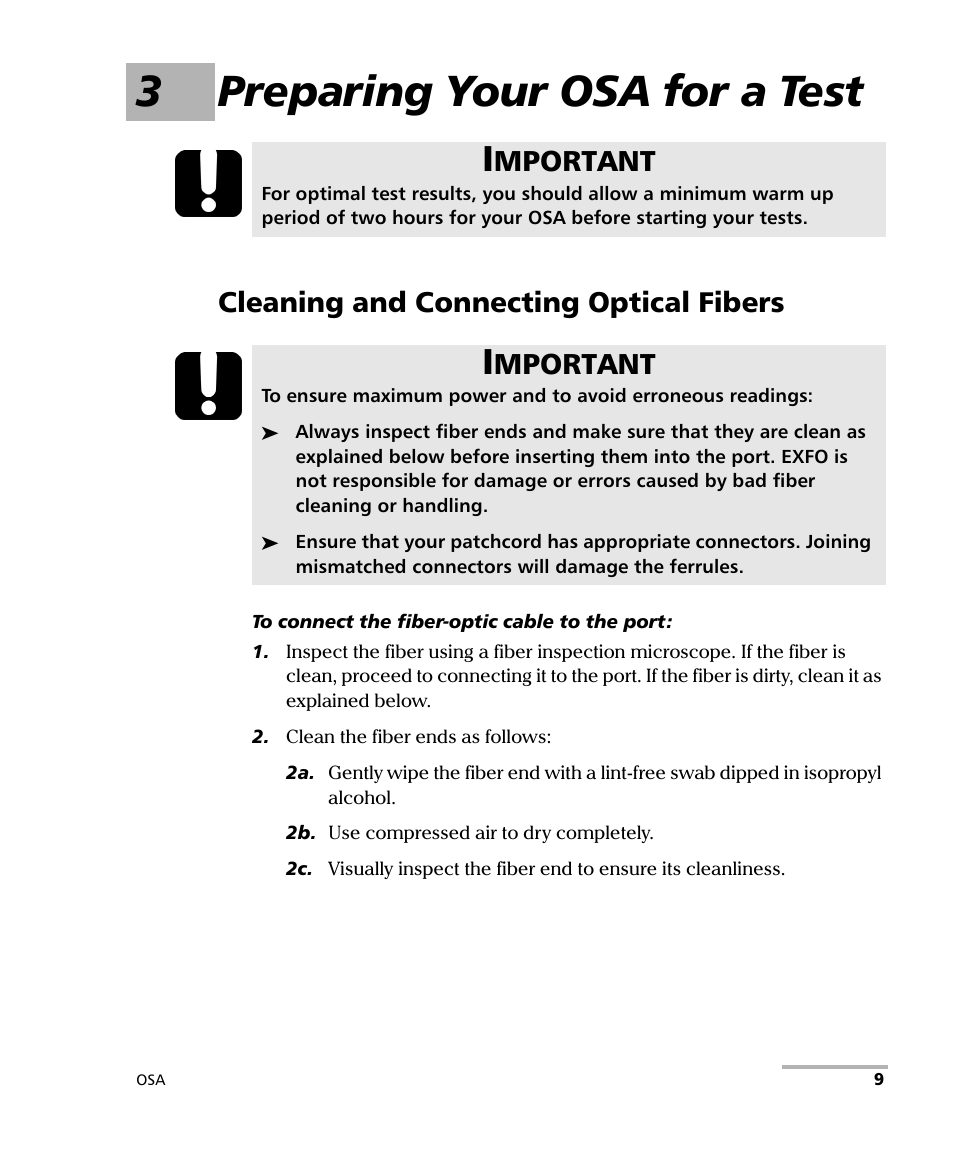 3 preparing your osa for a test, Cleaning and connecting optical fibers, 3preparing your osa for a test | Mportant | EXFO FTB -5240S/5240BP Optical Spectrum Analyzer User Manual | Page 15 / 638