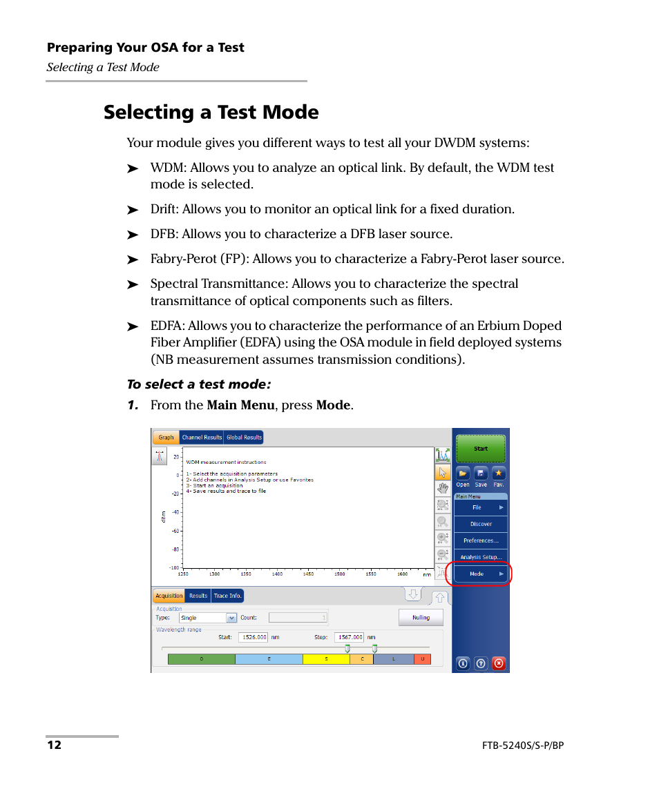 Selecting a test mode | EXFO FTB -5240S/5240BP Optical Spectrum Analyzer User Manual | Page 18 / 638