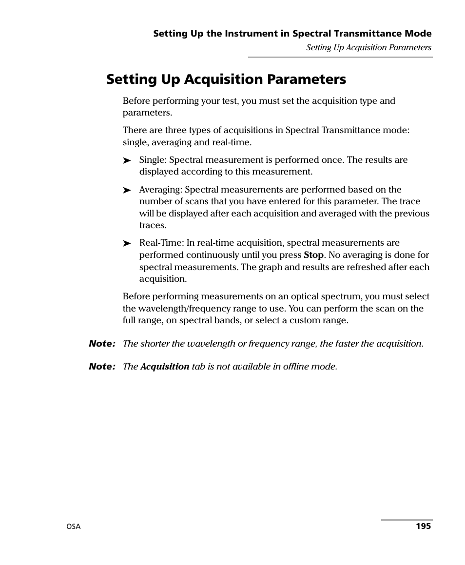 Setting up acquisition parameters | EXFO FTB -5240S/5240BP Optical Spectrum Analyzer User Manual | Page 201 / 638