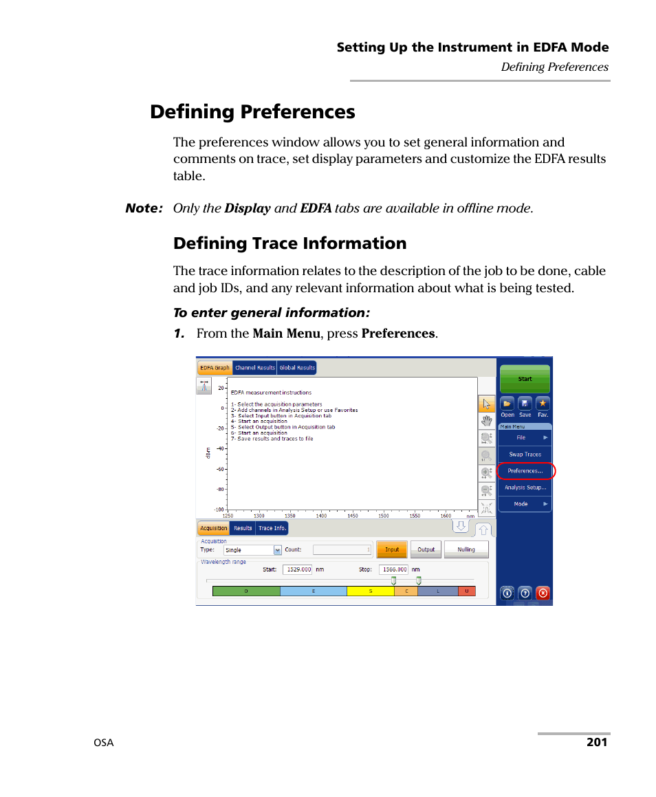 Defining preferences, Defining trace information | EXFO FTB -5240S/5240BP Optical Spectrum Analyzer User Manual | Page 207 / 638