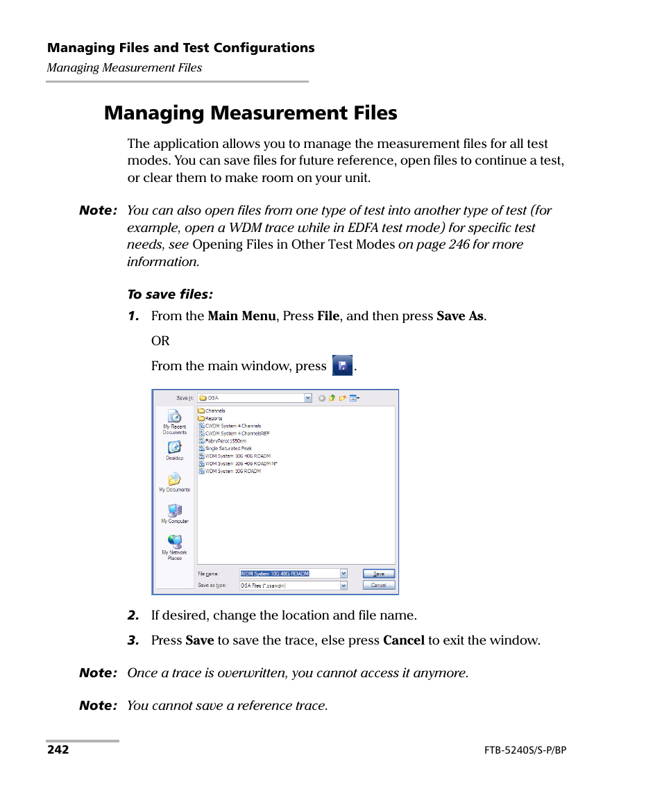 Managing measurement files | EXFO FTB -5240S/5240BP Optical Spectrum Analyzer User Manual | Page 248 / 638