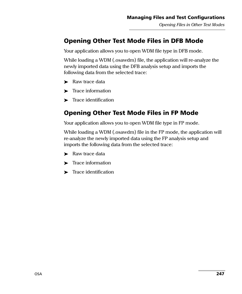 Opening other test mode files in dfb mode, Opening other test mode files in fp mode | EXFO FTB -5240S/5240BP Optical Spectrum Analyzer User Manual | Page 253 / 638