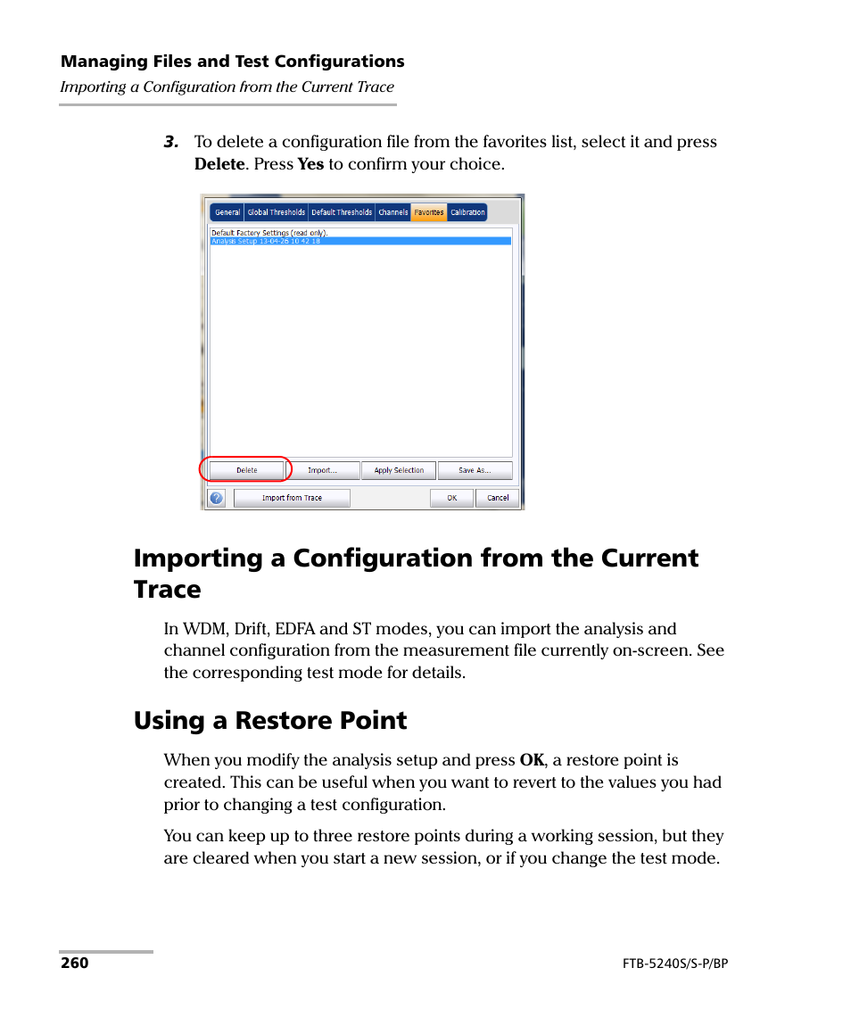 Importing a configuration from the current trace, Using a restore point | EXFO FTB -5240S/5240BP Optical Spectrum Analyzer User Manual | Page 266 / 638