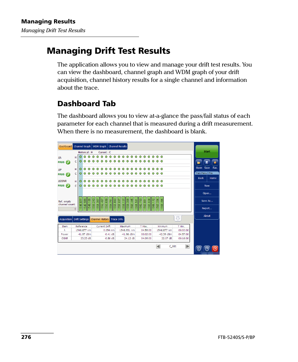 Managing drift test results, Dashboard tab | EXFO FTB -5240S/5240BP Optical Spectrum Analyzer User Manual | Page 282 / 638