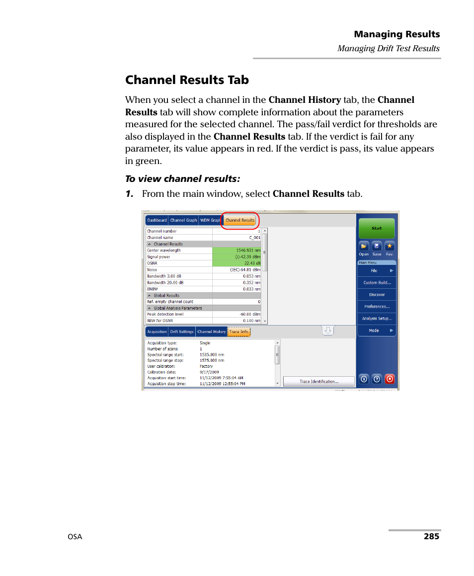Channel results tab | EXFO FTB -5240S/5240BP Optical Spectrum Analyzer User Manual | Page 291 / 638