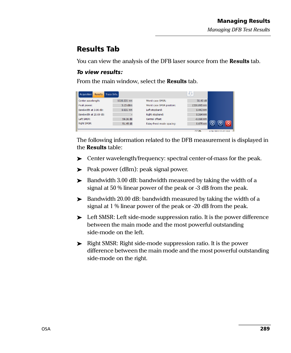 Results tab | EXFO FTB -5240S/5240BP Optical Spectrum Analyzer User Manual | Page 295 / 638