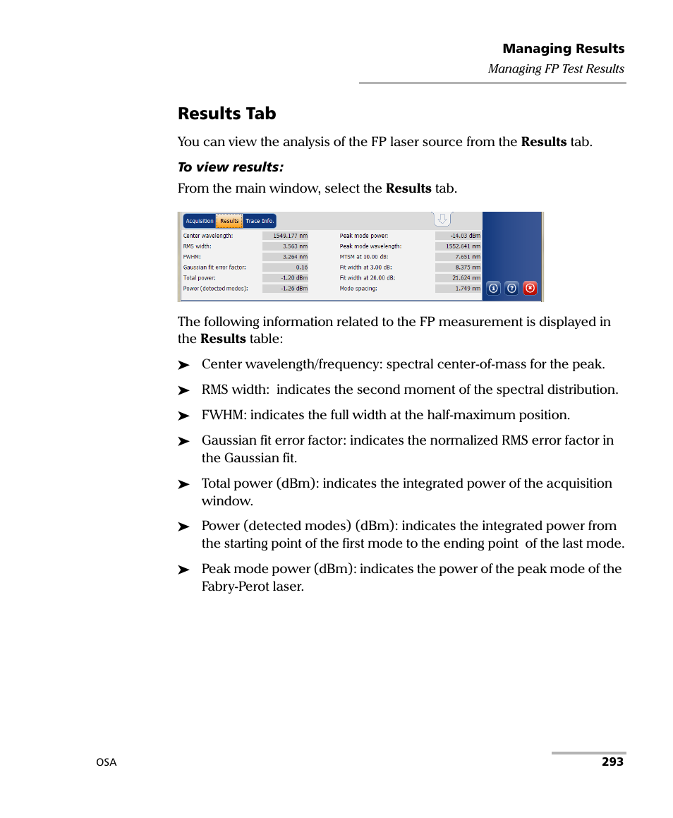 Results tab | EXFO FTB -5240S/5240BP Optical Spectrum Analyzer User Manual | Page 299 / 638