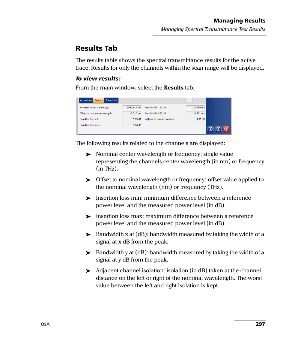 Results tab | EXFO FTB -5240S/5240BP Optical Spectrum Analyzer User Manual | Page 303 / 638