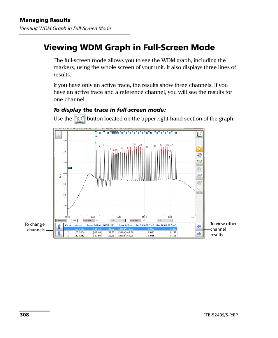 Viewing wdm graph in full-screen mode | EXFO FTB -5240S/5240BP Optical Spectrum Analyzer User Manual | Page 314 / 638