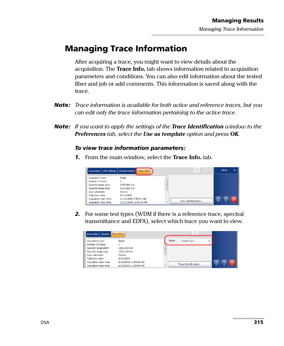 Managing trace information | EXFO FTB -5240S/5240BP Optical Spectrum Analyzer User Manual | Page 321 / 638