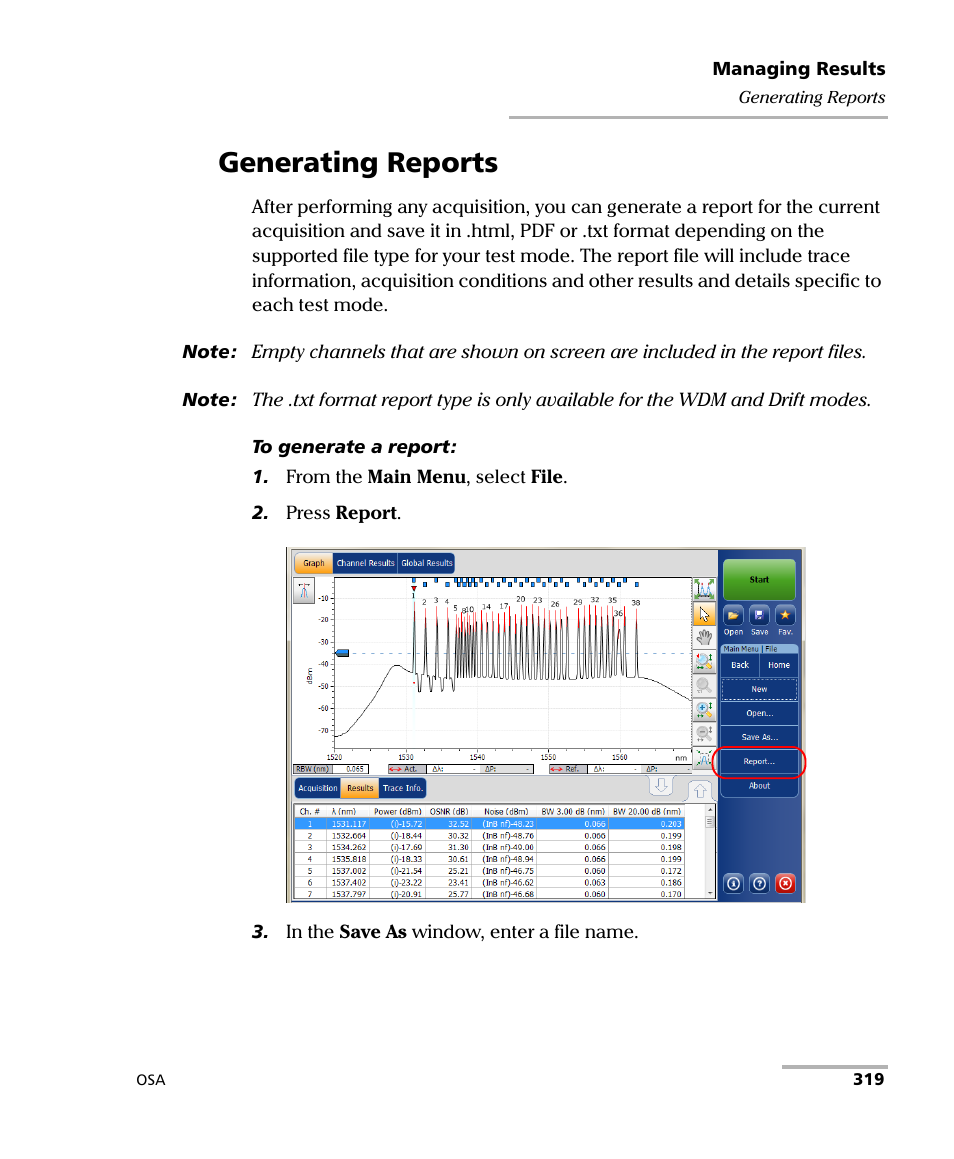 Generating reports | EXFO FTB -5240S/5240BP Optical Spectrum Analyzer User Manual | Page 325 / 638