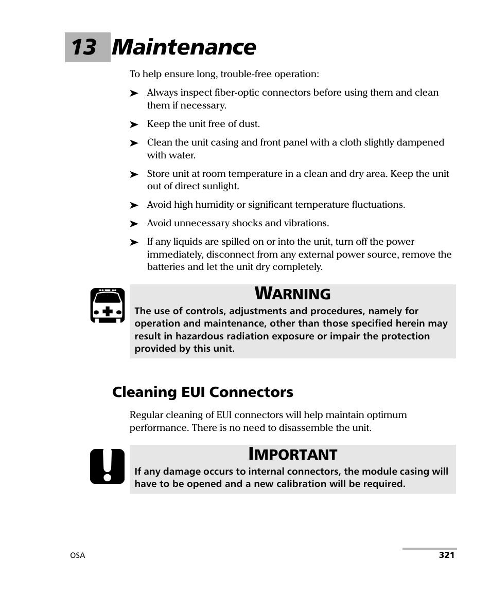 13 maintenance, Cleaning eui connectors, Arning | Mportant | EXFO FTB -5240S/5240BP Optical Spectrum Analyzer User Manual | Page 327 / 638
