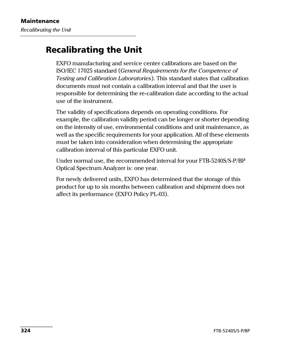 Recalibrating the unit | EXFO FTB -5240S/5240BP Optical Spectrum Analyzer User Manual | Page 330 / 638