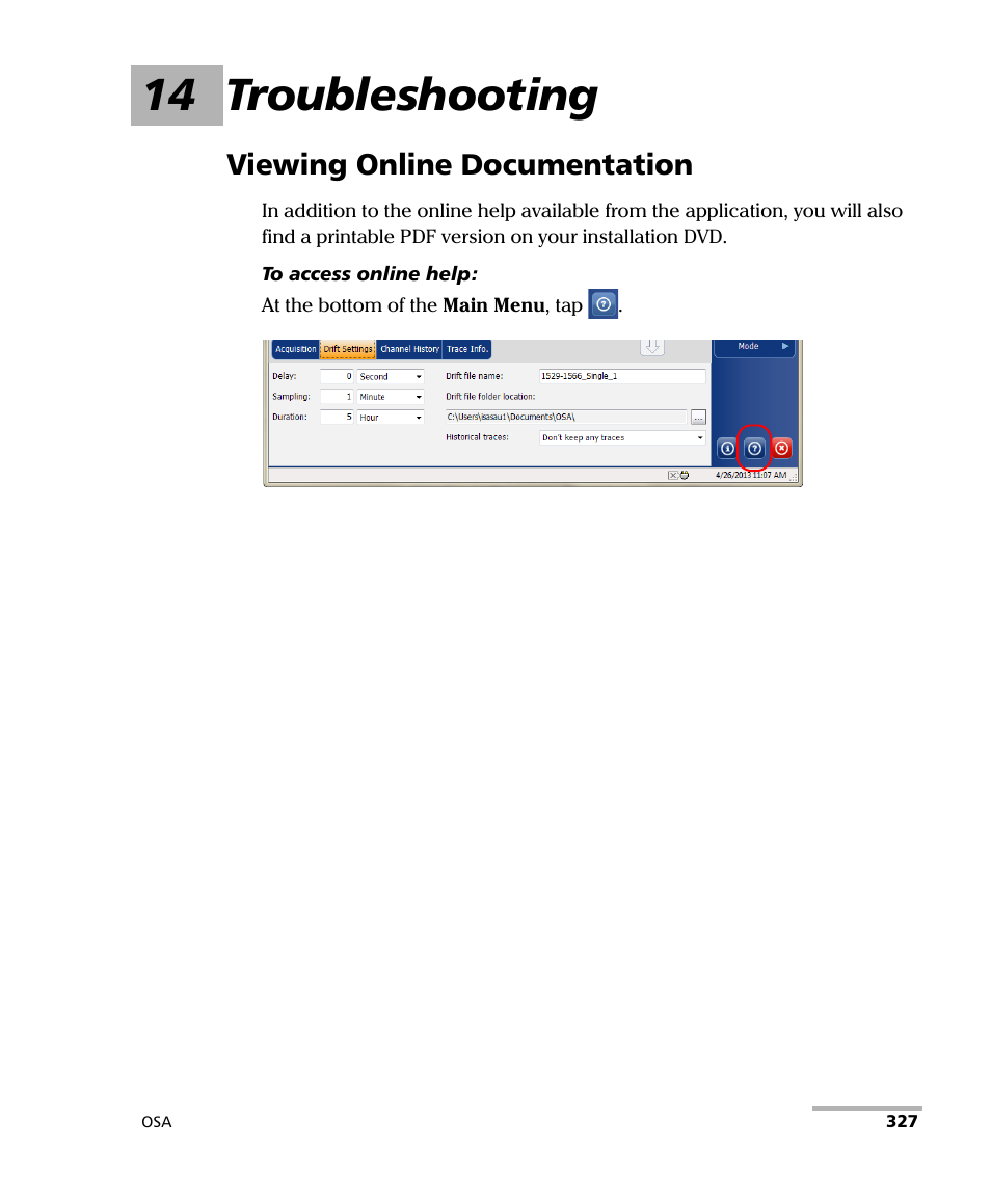 14 troubleshooting, Viewing online documentation | EXFO FTB -5240S/5240BP Optical Spectrum Analyzer User Manual | Page 333 / 638